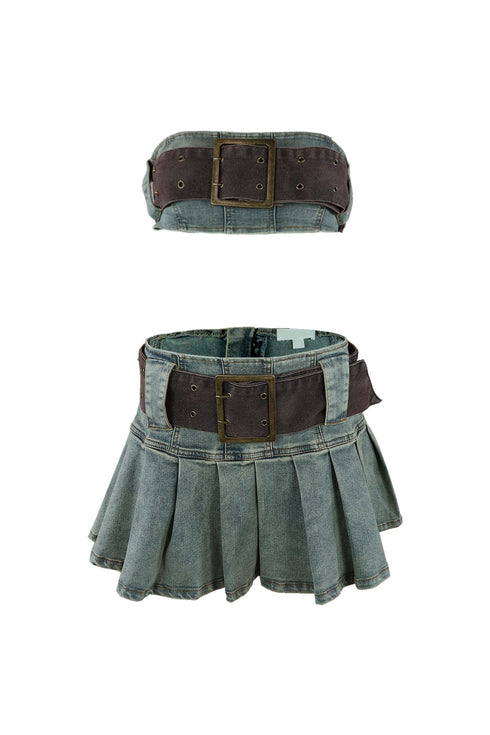 Vintage Chocolate Washed Denim Top & Skirt SET matching sets EDGE